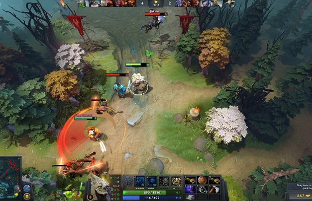 Zrzut ekranu z gry Dota 2 przedstawiający fazę laningową, w której bohaterowie walczą z creepami na mapie o tematyce leśnej.