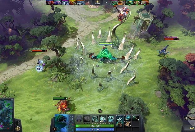 Zrzut ekranu z gry Dota 2 przedstawiający walkę drużynową, w której wielu bohaterów używa swoich umiejętności podczas walki na środkowej linii.
