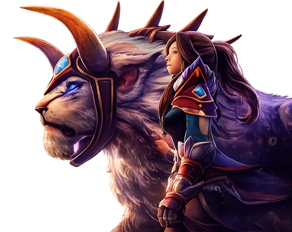 Młoda wojowniczka fantasy stojąca obok lwa strażnika o świecących oczach, bardzo szczegółowa ilustracja cyfrowa na przezroczystym tle.